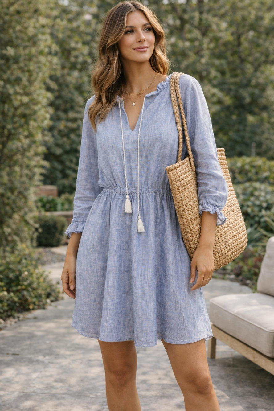 French Curve Linen ruffle V neck Dress Pinstripe Nautical Blue beach lace Sz-M